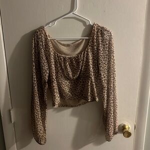 Brown + Tan Flower Ruched Crop Blouse with Long Sleeves